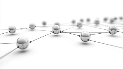 Silver spheres linked by black lines represent a connected network. Ideal for technology, communication, or data visualization projects.