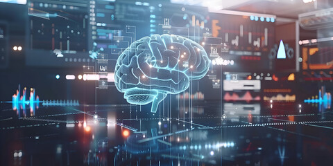  Digital brain visualization in futuristic data environment, Artificial intelligence and neural network technology