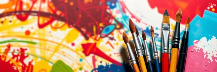 Colorful paintbrushes arranged artistically against a vibrant abstract painting backdrop conveying creativity and joy, representing the spirit of volunteering through artistic expression