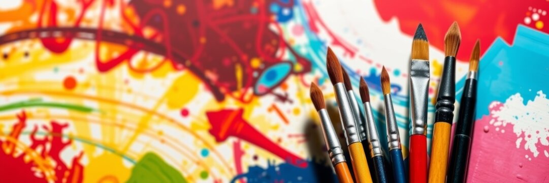 Colorful paintbrushes arranged artistically against a vibrant abstract painting backdrop conveying creativity and joy, representing the spirit of volunteering through artistic expression