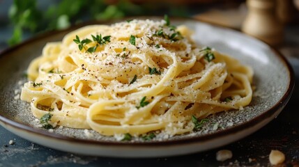 Pasta with fresh herbs and parmesan, served on a stylish ceramic plate, rustic table, Italian cuisine vibes, gourmet food presentation
