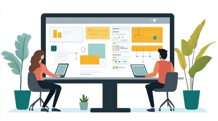 Fototapeta premium Project management dashboard on screen, task lists, timelines, focused team collaborating in a sleek workspace, project flowcharts