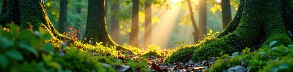 Obraz premium Dewy forest floor with sunlight filtering through trees, trees, dew