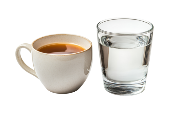 Elegant coffee mug and water glass in cozy setting