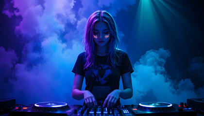 DJ girl standing behind the decks.