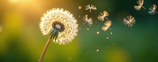 Fluffy dandelion seed head, windblown seeds dispersing, blow, wind