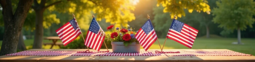 Obraz premium Group of flags and patriotic decorations at outdoor table, patriotic, grill