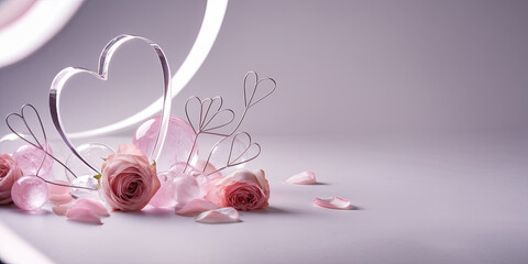 Obraz premium Romantic Pink Roses Glass Hearts Wire Art Valentine s Day Decor