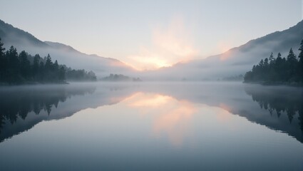 Fototapeta premium Tranquil mountain lake at sunrise with mist reflections of tall pines