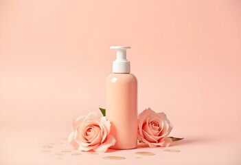 Make Up Bottle Mockup with Pink Peach Background with Flowers