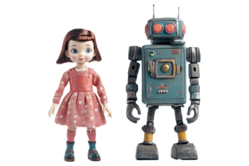 Doll and robot toys on isolated view
