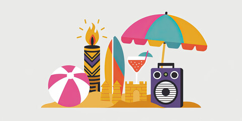 Summer Beach Fun Surfboard Cocktail Music Sandcastle Umbrella