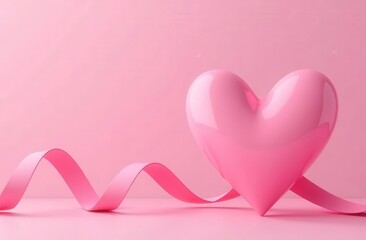 Pink ribbon curved in heart shape on pink background for Happy Valentine's Day greeting card design.