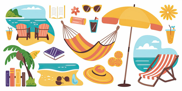 Beach Vacation Relaxation Hammock Chairs Umbrella Drinks Books