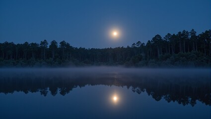 Majestic full moon reflected in tranquil lake with misty pine forest