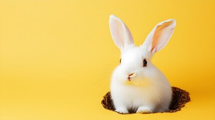 Obraz premium Easter banner, ears of a white rabbit look out of a hole in the ground on a plain background