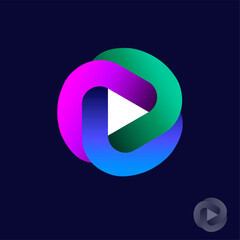 Obraz premium Audio or video player icon. The audio and video emblem consists of three colored stripes and a play symbol inside.