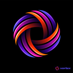 Vortex logo. Vortex symbol consists of rotating elements three colors. Brand identity and app icon.