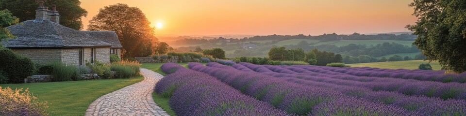 Obraz premium Stunning Lavender Field at Sunset Near Charming Cottage with Scenic Pathway and Vibrant Horizon â€“ Perfect Tranquil Rural Landscape and Nature Escape