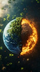 Save the planet. Global warming aand climate change concept. Half globe is on fire, half globe is lush green. Generative AI 