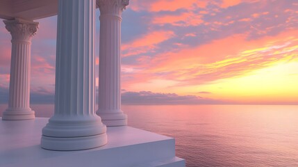 Serene Sunset Over Ocean with Classical Columns Featuring Vibrant Colors and Tranquil Atmosphere Reflecting Beneath a Scenic Sky at Dusk