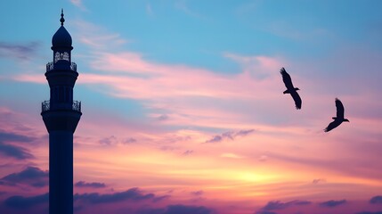 Obraz premium Serene Sunset Silhouette of Mosque Minaret with Birds in Flight Against a Vibrant Colorful Twilight Sky Enhancing the Peaceful Ambiance of Nature