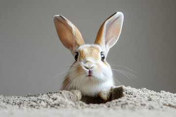 Obraz premium Easter banner, ears of a white rabbit look out of a hole in the ground on a plain background