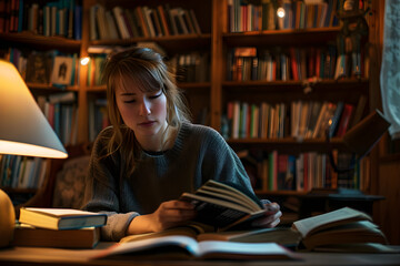 Engrossed in Knowledge: A Study in Intellectual Fixation and Concentration Amidst a Cozy, Book-filled Sanctuary