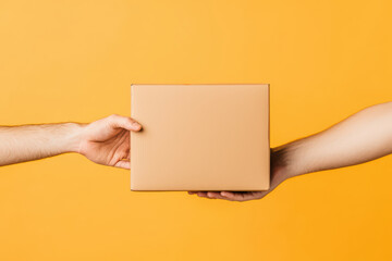 delivery box being handed between two hands on bright background