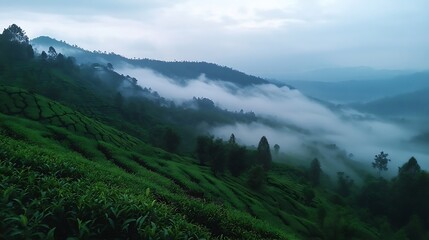 Obraz premium Misty Mountain Tea Plantation: A Serene Landscape