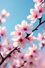 Obraz premium Soft peach hues of cherry blossoms against a clear blue sky, park, outdoors, flower