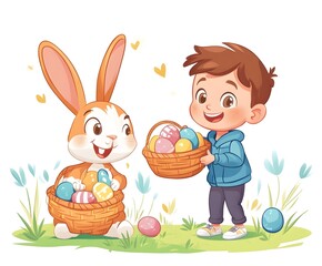 kid trhowing easter eggs and a rabbit holding an easter basket and catches the eggs,no backround, cartoon style