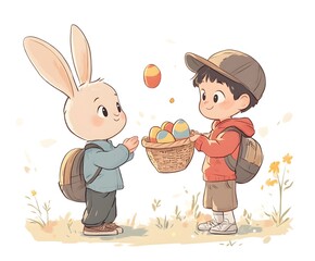 kid trhowing easter eggs and a rabbit holding an easter basket and catches the eggs,no backround, cartoon style