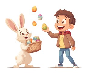 kid trhowing easter eggs and a rabbit holding an easter basket and catches the eggs,no backround, cartoon style