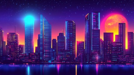Futuristic Cyberpunk Cityscape with Neon Lights at Night