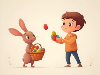 kid trhowing easter eggs and a rabbit holding an easter basket and catches the eggs,no backround, cartoon style