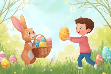 kid trhowing easter eggs and a rabbit holding an easter basket and catches the eggs,no backround, cartoon style