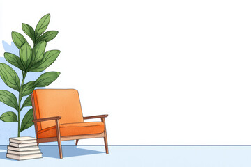 Fototapeta premium Cozy orange chair beside plant and stacked books