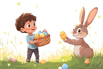 kid trhowing easter eggs and a rabbit holding an easter basket and catches the eggs,no backround, cartoon style,