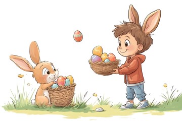 kid trhowing easter eggs and a rabbit holding an easter basket and catches the eggs,no backround, cartoon style,
