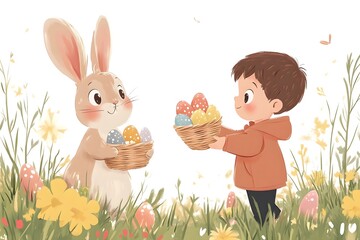 kid trhowing easter eggs and a rabbit holding an easter basket and catches the eggs,no backround, cartoon style,