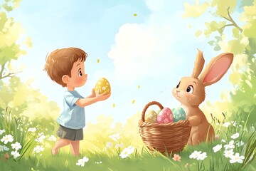 kid trhowing easter eggs and a rabbit holding an easter basket and catches the eggs,no backround, cartoon style,
