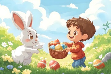 kid trhowing easter eggs and a rabbit holding an easter basket and catches the eggs,no backround, cartoon style,
