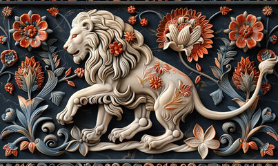a relief art object depicting a white lion in profile with a lush mane, surrounded by elements of vegetation and animals in the style of a classical engraving.  