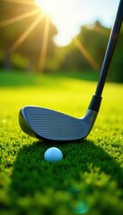 Golf club poised on fairway with sunlight glowing on ball and grass, focus, outdoor