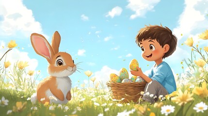kid trhowing easter eggs and a rabbit holding an easter basket and catches the eggs,no backround, cartoon style,