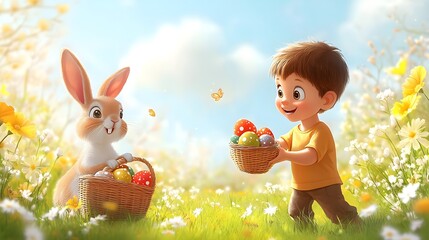 kid trhowing easter eggs and a rabbit holding an easter basket and catches the eggs,no backround, cartoon style,