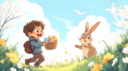 kid trhowing easter eggs and a rabbit holding an easter basket and catches the eggs,no backround, cartoon style,