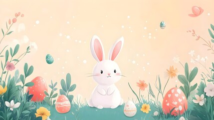 kid trhowing easter eggs and a rabbit holding an easter basket and catches the eggs,no backround, cartoon style,
