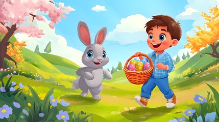 kid trhowing easter eggs and a rabbit holding an easter basket and catches the eggs,no backround, cartoon style,